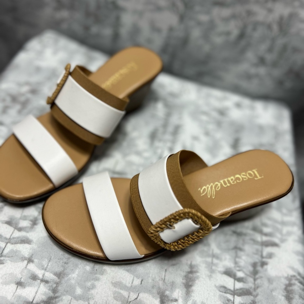 Toscanella Italy Womens White Tan Wedge Sandals Raffia Buckle Slides Size 6